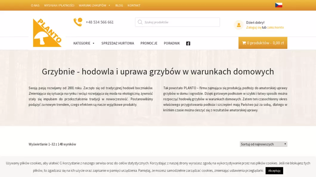 Zrzut ekranu strony Grzybnie - uprawa i hodowla grzybów | Planto