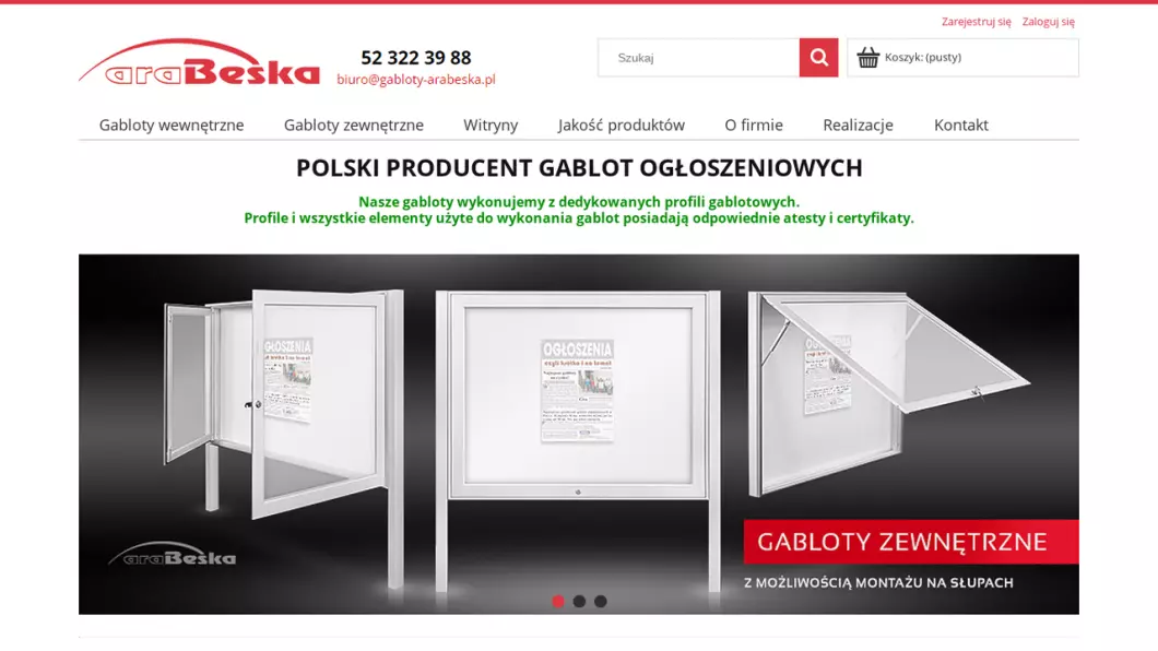 Zrzut ekranu strony Producent gablot Arabeska