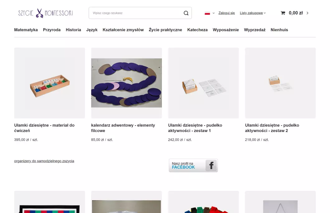 Zrzut ekranu strony Pomoce dydaktyczne Montessori - Szycie Montessori