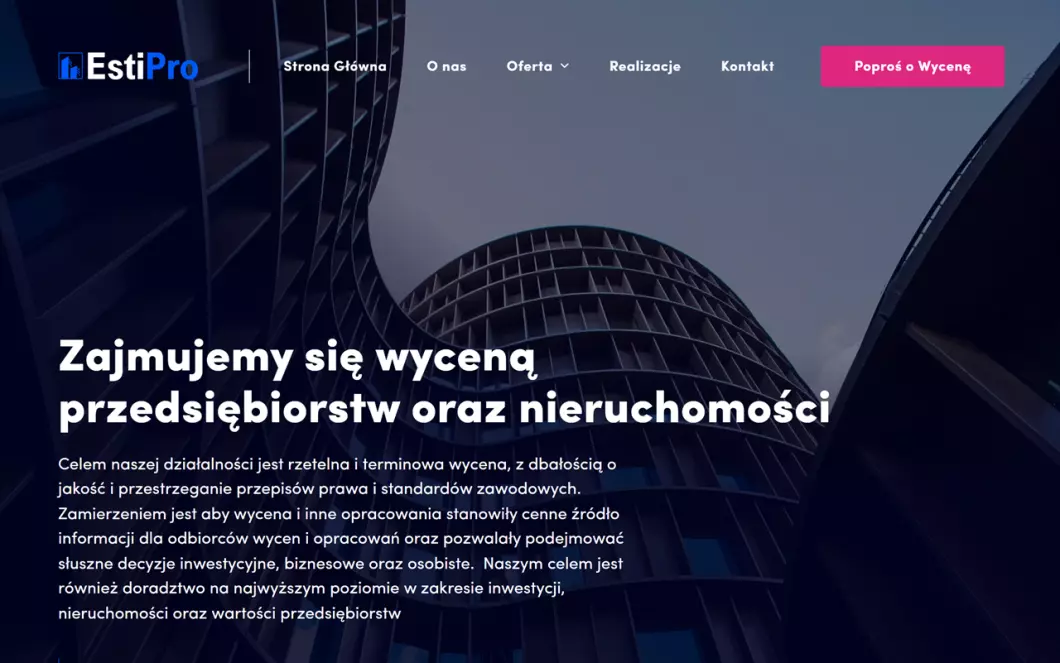 Zrzut ekranu strony Wyceny nieruchomości i przedsiębiorstw | Estipro