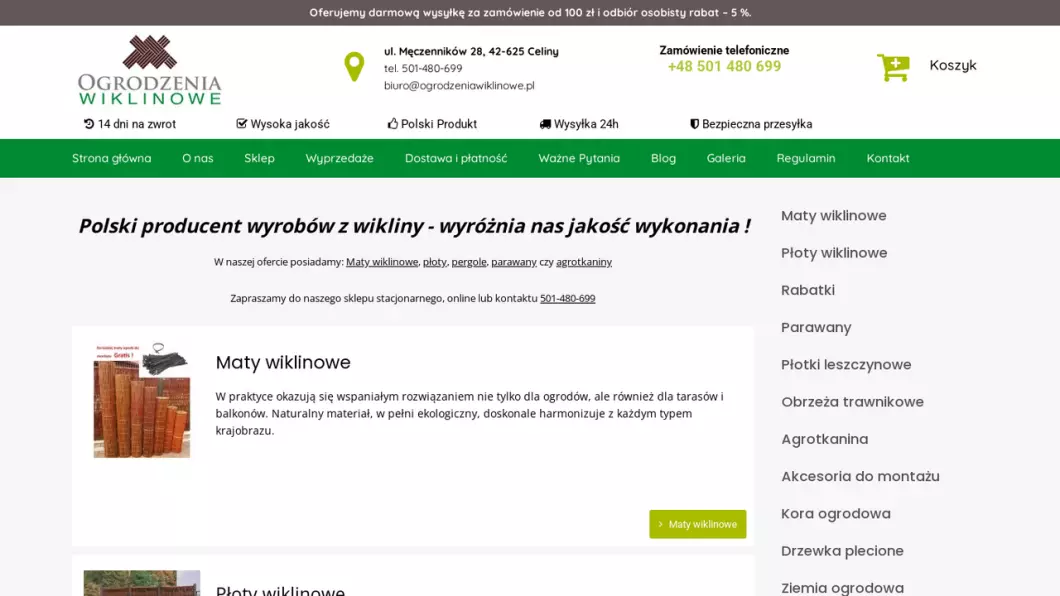 Zrzut ekranu strony Ogrodzenia Wiklinowe